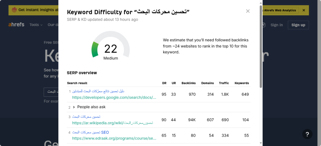 أداة Keyword Difficulty Checker من Ahrefs 