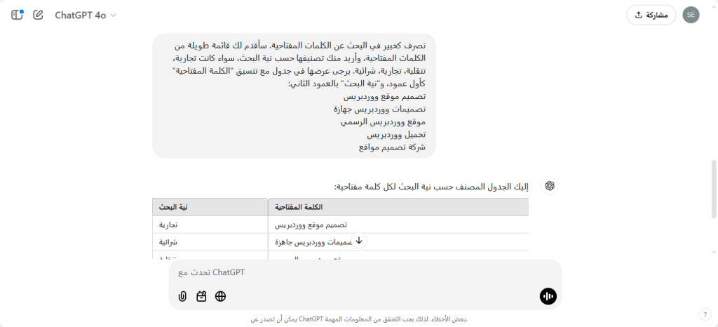 إستخدام ChatGPT في الكلمات المفتاحية