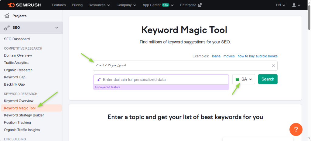 إستخدام أداة Keyword Magic Tool من SEMrush للعثور على الكلمات المفتاحية المناسبة